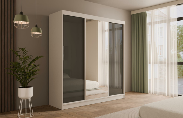 Höhe: 215 cm, Fachinnenmaß - Höhe: 35 cm, Zimmer: Schlafzimmer, Art der Griffe: Griffleiste, Front-Typ: Lacobel, Farbe: Weiß + Grau, Tiefe: 61 cm, Schubladeninnenmaß - Breite: 55 cm, Anzahl der Türen: 3, Anzahl der Spiegel: 1, Breite: 200 cm, Art der Türen: Schwebetüren, Schubladeninnenmaß - Höhe: 15 cm, Material der Rückwand: MDF, Schubladeninnenmaß - Tiefe: 40 cm, Länge der Kleiderstange 1: 78 cm, Länge der Kleiderstange 2: 78 cm, Anzahl der Fächer: 8, Fachinnenmaß - Breite: 36 cm, Fachinnenmaß 2 - Höhe: 58 cm, Fachinnenmaß 2 - Breite: 58 cm, Fachinnenmaß - Tiefe: 47 cm, Anzahl der Kleiderstangen: 2, Anzahl der Schubladen: 4, Länge der Kleiderstangen: 78 cm, Breite des Fachinnenmaßes: 58 cm, Breite des Fachinnenmaßes 2: 58 cm, Größe: 200 cm x 61 cm x 215 cm - 1