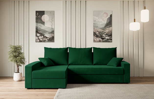 Bezug: Samt, Stellvariante: Ottomane Links, Farbe: Grün - Kronos 19, Stoffbeschreibung: KRONOS: Scheuerfester (50.000 Martindale-Zyklen), flauschiger Möbelstoff mit weicher Plüschoberfläche, lichtecht (5), reibecht (4-5), pillingarm (4). Gewicht 275 g/m2 ±5%., Materialzusammensetzung: 100% Polyseter, Pilling Resistenz: 5, Abriebfestigkeit: 5, Scheuerbeständigkeit: 50000 Martindale-Zyklen, Zimmer: Wohnzimmer, Tiefe: 140 cm, Breite: 231 cm, Höhe: 90 cm, Länge der Schlaffläche: 201 cm, Breite der Schlaffläche: 120 cm, Liegehöhe: 40 cm, Anzahl der Sitzflächen: 4, Sitzfüllung: Wellenfeder + HR35 und T30-Schaum, Anzahl der Rückenkissen: 3, Art der Rückenkissen: Rückenkissen, Annzahl der Sitzkissen: 2, Anzahl der Zierkissen: 2, Material der Füße: Kunststoff, Höhe der Füße: 4,5 cm, Farbe der Füße: Schwarz, Tiefe der Armlehnen: 85 cm, Breite der Armlehnen: 15 cm, Höhe der Armlehnen: 50 cm, Breite der Ottomane: 70 cm, Tiefe der Ottomane: 125 cm, Tiefe der Sitzfläche: 70 cm, Sitzhöhe: 40 cm, Art des Stauraumes: Innenfach geschlossen, Schlaffunktion: Mit Schlaffunktion - 1