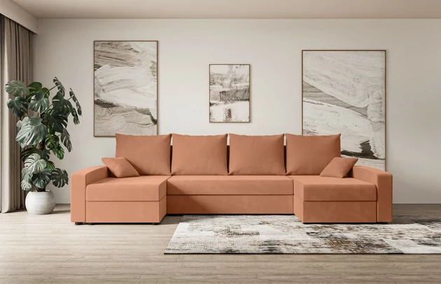 Bezug: Samt, Farbe: Apricot - Kronos 41, Stellvariante: U-Form, Stoffbeschreibung: KRONOS: Scheuerfester (50.000 Martindale-Zyklen), flauschiger Möbelstoff mit weicher Plüschoberfläche, lichtecht (5), reibecht (4-5), pillingarm (4). Gewicht 275 g/m2 ±5%., Materialzusammensetzung: 100% Polyseter, Pilling Resistenz: 5, Abriebfestigkeit: 5, Scheuerbeständigkeit: 50000 Martindale-Zyklen, Ausstattung: Kissen, Zimmer: Wohnzimmer, Tiefe: 140 cm, Breite: 301 cm, Höhe: 90 cm, Länge der Schlaffläche: 271 cm, Breite der Schlaffläche: 120 cm, Liegehöhe: 40 cm, Anzahl der Sitzflächen: 6, Sitzfüllung: Wellenfeder + HR35 und T30-Schaum, Anzahl der Rückenkissen: 4, Art der Rückenkissen: Rückenkissen, Annzahl der Sitzkissen: 3, Anzahl der Zierkissen: 2, Material der Füße: Kunststoff, Höhe der Füße: 4,5 cm, Farbe der Füße: Schwarz, Tiefe der Armlehnen: 140 cm, Breite der Armlehnen: 15 cm, Höhe der Armlehnen: 50 cm, Breite der Ottomane: 70 cm, Tiefe der Ottomane: 125 cm, Tiefe der Sitzfläche: 70 cm, Sitzhöhe: 40 cm, Art des Stauraumes: Innenfach geschlossen, Schlaffunktion: Mit Schlaffunktion - 1