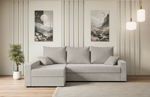 Bezug: Samt, Stellvariante: Ottomane Links, Farbe: Hellbraun - Paros 02, Stoffbeschreibung: PAROS ist ein sehr weicher Möbelstoff mit einer angenehmen Haptik. (50.000 Martindale-Zyklen) 100 % PES, pillingarm(4-5), reibecht(4-5), lichtecht(6|7), Gewicht 260 g/m² ±5 %, Materialzusammensetzung: 100% Polyseter, Pilling Resistenz: 5, Abriebfestigkeit: 5, Scheuerbeständigkeit: 50000 Martindale-Zyklen, Zimmer: Wohnzimmer, Tiefe: 140 cm, Breite: 231 cm, Höhe: 90 cm, Länge der Schlaffläche: 201 cm, Breite der Schlaffläche: 120 cm, Liegehöhe: 40 cm, Anzahl der Sitzflächen: 4, Sitzfüllung: Wellenfeder + HR35 und T30-Schaum, Anzahl der Rückenkissen: 3, Art der Rückenkissen: Rückenkissen, Annzahl der Sitzkissen: 2, Anzahl der Zierkissen: 2, Material der Füße: Kunststoff, Höhe der Füße: 4,5 cm, Farbe der Füße: Schwarz, Tiefe der Armlehnen: 85 cm, Breite der Armlehnen: 15 cm, Höhe der Armlehnen: 50 cm, Breite der Ottomane: 70 cm, Tiefe der Ottomane: 125 cm, Tiefe der Sitzfläche: 70 cm, Sitzhöhe: 40 cm, Art des Stauraumes: Innenfach geschlossen, Schlaffunktion: Mit Schlaffunktion - 1