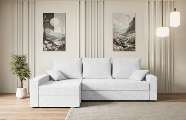 Bezug: Bouclé, Stellvariante: Ottomane Links, Farbe: Weiß - Quelle 01, Stoffbeschreibung: Polsterstoff Quelle: hochwertiger Bouclé Stoff, strapazierfähig, atmungsaktiv und pflegeleicht. (80.000 Martindale-Zyklen) 100 % PES, pillingarm(4-5), Gewicht 315 g/m² ±5 %, Materialzusammensetzung: 100% Polyseter, Pilling Resistenz: 5, Abriebfestigkeit: 5, Scheuerbeständigkeit: 80000 Martindale-Zyklen, Zimmer: Wohnzimmer, Tiefe: 140 cm, Breite: 231 cm, Höhe: 90 cm, Länge der Schlaffläche: 201 cm, Breite der Schlaffläche: 120 cm, Liegehöhe: 40 cm, Anzahl der Sitzflächen: 4, Sitzfüllung: Wellenfeder + HR35 und T30-Schaum, Anzahl der Rückenkissen: 3, Art der Rückenkissen: Rückenkissen, Annzahl der Sitzkissen: 2, Anzahl der Zierkissen: 2, Material der Füße: Kunststoff, Höhe der Füße: 4,5 cm, Farbe der Füße: Schwarz, Tiefe der Armlehnen: 85 cm, Breite der Armlehnen: 15 cm, Höhe der Armlehnen: 50 cm, Breite der Ottomane: 70 cm, Tiefe der Ottomane: 125 cm, Tiefe der Sitzfläche: 70 cm, Sitzhöhe: 40 cm, Art des Stauraumes: Innenfach geschlossen, Schlaffunktion: Mit Schlaffunktion - 1