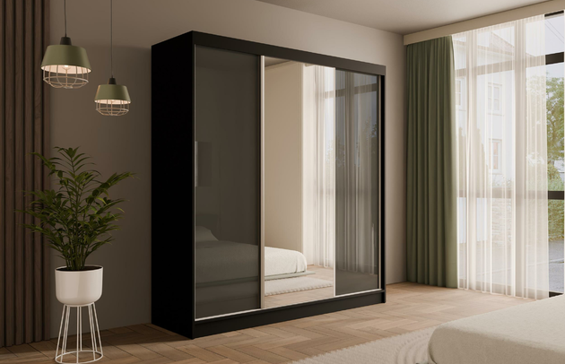Höhe: 215 cm, Fachinnenmaß - Höhe: 35 cm, Zimmer: Schlafzimmer, Art der Griffe: Griffleiste, Front-Typ: Lacobel, Farbe: Schwarz + Grau, Tiefe: 61 cm, Schubladeninnenmaß - Breite: 55 cm, Anzahl der Türen: 3, Anzahl der Spiegel: 1, Breite: 200 cm, Art der Türen: Schwebetüren, Schubladeninnenmaß - Höhe: 15 cm, Material der Rückwand: MDF, Schubladeninnenmaß - Tiefe: 40 cm, Länge der Kleiderstange 1: 78 cm, Länge der Kleiderstange 2: 78 cm, Anzahl der Fächer: 8, Fachinnenmaß - Breite: 36 cm, Fachinnenmaß 2 - Höhe: 58 cm, Fachinnenmaß 2 - Breite: 58 cm, Fachinnenmaß - Tiefe: 47 cm, Anzahl der Kleiderstangen: 2, Anzahl der Schubladen: 4, Länge der Kleiderstangen: 78 cm, Breite des Fachinnenmaßes: 58 cm, Breite des Fachinnenmaßes 2: 58 cm, Größe: 200 cm x 61 cm x 215 cm - 1
