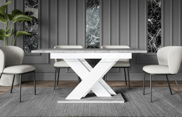 Zimmer: Esszimmer, Art des Gestells: X-Gestell, Ausgeklappter Tisch: 180 cm, Oberflächenoptik: Betonoptik, Erweiterungselemente: 1, Farbe der Tischplatte: Grau, Form: rechteckig, Anzahl der Beine: 1, Dicke der Tischplatte: 3,2 cm, Breite der Tischplatte: 140 cm, Art der Erweiterung: Einlegeplatte, Material der Gestells: Holzwerkstoff, Farbe: Betonoptik / Weiß Hochglanz, Farbe des Gestells: Weiß, Breite: 180 cm, Tiefe: 80 cm, Höhe: 75 cm, Art des Erweiterungs: Einlegeplatte, Material des Gestells: Holzwerkstoff - 1