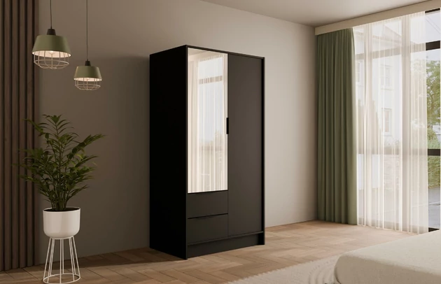 Material: Holzwerkstoff, Material der Rückwand: MDF, Farbe: Schwarz, Ausstattung: Mit Spiegel, Zimmer: Schlafzimmer, Anzahl der Türen: 2, Anzahl der Spiegel: 1, Anzahl der Kleiderstangen: 1, Anzahl der Fächer: 5, Anzahl der Schubladen: 2, Front-Typ: Glatt, Art der Griffe: Griffleiste, Art der Türen: Flügeltüren, Breite: 102 cm, Tiefe: 51 cm, Höhe: 200 cm, Länge der Kleiderstange 1: 48 cm, Fachinnenmaß - Höhe: 36 cm, Fachinnenmaß 2 - Höhe: 49 cm, Fachinnenmaß - Tiefe: 49 cm, Schubladeninnenmaß - Höhe: 15 cm, Schubladeninnenmaß - Tiefe: 40 cm, Schubladeninnenmaß - Breite: 47,5 cm, Größe: 102 cm x 51 cm x 200 cm - 1