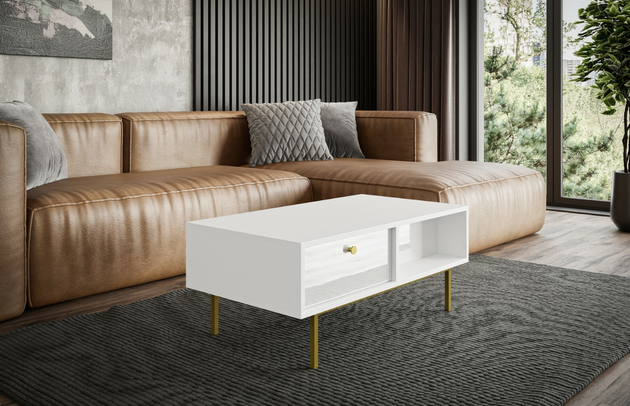 Zimmer: Wohnzimmer, Anzahl der Beine: 4, Art des Gestells: Klassische Tischbeine, Schubladeninnenmaß - Tiefe: 53 cm, Höhe der Tischplatte: 1,6 cm, Breite der Tischplatte: 110 cm, Schubladeninnenmaß - Breite: 52,5 cm, Schubladeninnenmaß - Höhe: 21,5 cm, Oberflächenoptik: Glänzend, Farbe: Weiß / Weiß Hochglanz, Farbe der Tischplatte: Weiß, Farbe des Gestells: Gold, Breite: 110 cm, Tiefe: 60 cm, Höhe: 45 cm, Form: rechteckig, Material des Gestells: Holzwerkstoff - 1