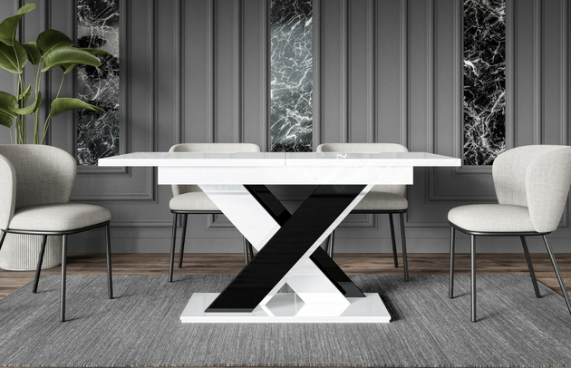 Zimmer: Esszimmer, Art des Gestells: X-Gestell, Ausgeklappter Tisch: 180 cm, Oberflächenoptik: Glänzend, Erweiterungselemente: 1, Farbe der Tischplatte: Weiß, Form: rechteckig, Anzahl der Beine: 1, Dicke der Tischplatte: 3,2 cm, Breite der Tischplatte: 140 cm, Art der Erweiterung: Einlegeplatte, Material der Gestells: Holzwerkstoff, Farbe: Weiß Hochglanz / Schwarz Hochglanz, Farbe des Gestells: Weiß Schwarz, Breite: 180 cm, Tiefe: 80 cm, Höhe: 75 cm, Art des Erweiterungs: Einlegeplatte, Material des Gestells: Holzwerkstoff - 1