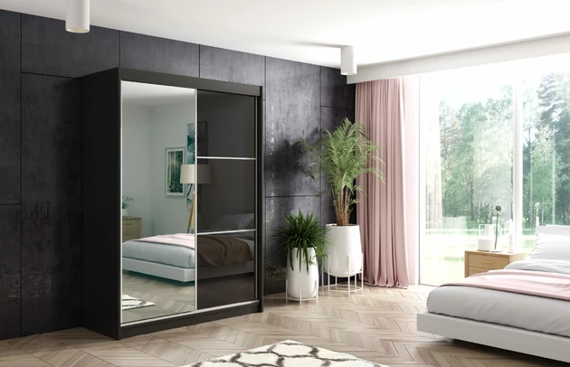 Farbe: Schwarz, Abmeßung: 120 cm x 61 cm x 216 cm, Ausstattung: Mit Spiegel, Art des Leuchtmittels: Mit LED, Zimmer: Schlafzimmer, Anzahl der Türen: 2, Anzahl der Kleiderstangen: 1, Anzahl der Fächer: 7, Front-Typ: Lacobel, Art der Griffe: Griffleiste, Art der Türen: Schwebetüren, Breite: 120 cm, Tiefe: 61 cm, Höhe: 216 cm, Länge der Kleiderstange 1: 58 cm, Länge der Kleiderstange 2: Nicht zutreffend, Fachinnenmaß - Höhe: 34 cm, Fachinnenmaß 2 - Höhe: 41 cm, Fachinnenmaß - Breite: 63 cm, Fachinnenmaß 2 - Breite: 58 cm, Fachinnenmaß - Tiefe: 47 cm, Schubladeninnenmaß - Höhe: Nicht zutreffend, Schubladeninnenmaß - Tiefe: Nicht zutreffend, Material: Holzwerkstoff, Material der Rückwand: MDF - 1