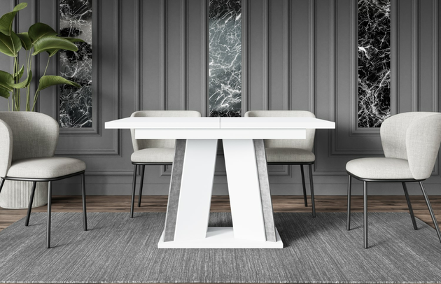 Zimmer: Esszimmer, Oberflächenoptik: Matt, Ausgeklappter Tisch: 160 cm, Art des Gestells: V-Gestell, Breite der Tischplatte: 120 cm, Farbe der Tischplatte: Weiß, Erweiterungselemente: 1, Art der Erweiterung: Einlegeplatte, Dicke der Tischplatte: 3,2 cm, Form: rechteckig, Anzahl der Beine: 1, Material der Gestells: Holzwerkstoff, Farbe: Weiß / Betonoptik, Farbe des Gestells: Weiß Grau, Breite: 120 cm, Tiefe: 80 cm, Höhe: 75 cm, Art des Erweiterungs: Einlegeplatte, Material des Gestells: Holzwerkstoff - 1