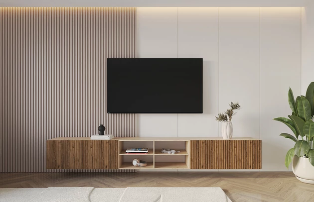 Material: Holzwerkstoff, Material der Rückwand: MDF, Ausführung: Hängend, Größe: 3 x 100 cm, Farbe: Artisan und Katania, Zimmer: Wohnzimmer, Anzahl der Türen: 4, Front-Typ: Gefräste, Art der Griffe: Griffleiste, Art der Türen: Klapptür, Breite: 300 cm, Tiefe: 40 cm, Höhe: 40 cm, Geschlossene Fächer: 8, Offene Fächer: 4, Anzahl der Teile: 3 - 1