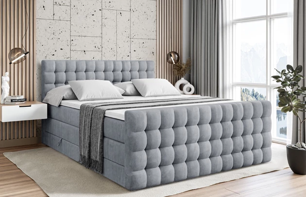 Material: Holz, Höhe: 110 cm, Stoffbeschreibung: Polsterstoff Casablanca: „Pet-friendly“, leicht zu reinigen (CleanBOO+), wasserabweisend mit Lotuseffekt, scheuerfest (45.000 Martindale- Zyklen), Gewicht 310g/m2 ±5 %, Höhe des Kopfteils: 110 cm, Bezug: Samt, Farbe: Grau - Casablanca 2314, Zimmer: Schlafzimmer, Länge: 215 cm, Breite: 200 cm, Größe: 200x200 cm, Länge der Schlaffläche: 200 cm, Breite der Schlaffläche: 200 cm, Liegehöhe: 73 cm, Härtegrad der Matratze: H3 und H4, Höhe der Matratze: 38 cm, Matratze: Multipocketfederung und Bonellfederung, Farbe des Toppers: Weiß, Höhe des Toppers: 5 cm, Material des Toppers: Schaumstoff, Bettkasten: Ja, Anzahl der Bettkasten: 2, Höhe des Bettkastens: 30 cm, Material der Füße: Plastik, Höhe der Füße: 2 cm, Dicke des Kopfteils: 8 cm, Dicke des Fußteils: 7 cm, Gepolsterte Rückseite: Nein - 1