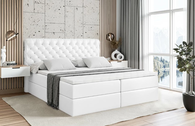 Stoffbeschreibung: Polsterstoff SOFT:Leicht zu reinigendes Lederimitat. scheuerfest (100.000 Martindale-Zyklen). lichtecht (6). reibecht (4-5). 100%PU (Oberseite) + 75%PES mit 25%CO (Unterseite), Bezug: Kunstleder, Farbe: Weiß - Soft 17, Zimmer: Schlafzimmer, Länge: 207 cm, Breite: 160 cm, Höhe: 105 cm, Größe: 160x200 cm, Länge der Schlaffläche: 200 cm, Breite der Schlaffläche: 160 cm, Liegehöhe: 55 cm, Höhe der Matratze: 20 cm, Matratze: Bonellfederung, Farbe des Toppers: Weiß, Höhe des Toppers: 5 cm, Material des Toppers: Schaumstoff, Bettkasten: Ja, Anzahl der Bettkasten: 2, Höhe des Bettkastens: 30 cm, Höhe des Kopfteils: 105 cm, Material der Füße: Plastik, Höhe der Füße: 2 cm, Dicke des Kopfteils: 8 cm, Dicke des Fußteils: 7 cm, Gepolsterte Rückseite: Nein, Härtegrad der Matratze: H3 - 1