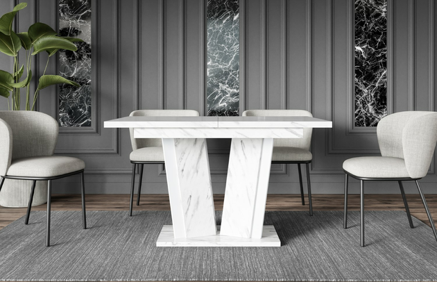 Zimmer: Esszimmer, Art der Erweiterung: Einlegeplatte, Ausgeklappter Tisch: 160 cm, Art des Gestells: V-Gestell, Oberflächenoptik: Marmoroptik, Farbe der Tischplatte: Weiß, Form: rechteckig, Erweiterungselemente: 1, Dicke der Tischplatte: 3,2 cm, Breite der Tischplatte: 120 cm, Anzahl der Beine: 1, Material der Gestells: Holzwerkstoff, Farbe: Weiß Marmor / Weiß, Farbe des Gestells: Weiß, Breite: 120 cm, Tiefe: 80 cm, Höhe: 75 cm, Art des Erweiterungs: Einlegeplatte, Material des Gestells: Holzwerkstoff - 1