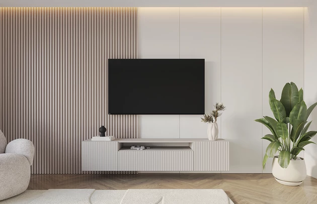 Material: Holzwerkstoff, Material der Rückwand: MDF, Ausführung: Hängend, Größe: 200 cm, Farbe: Kaschmir, Zimmer: Wohnzimmer, Anzahl der Türen: 3, Front-Typ: Gefräste, Art der Griffe: Griffleiste, Art der Türen: Klapptür, Breite: 200 cm, Tiefe: 41 cm, Höhe: 40 cm, Geschlossene Fächer: 3, Offene Fächer: 1, Anzahl der Teile: 1 - 1