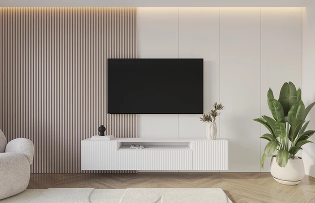 Material: Holzwerkstoff, Material der Rückwand: MDF, Ausführung: Hängend, Größe: 200 cm, Farbe: Weiß, Zimmer: Wohnzimmer, Anzahl der Türen: 3, Front-Typ: Gefräste, Art der Griffe: Griffleiste, Art der Türen: Klapptür, Breite: 200 cm, Tiefe: 41 cm, Höhe: 40 cm, Geschlossene Fächer: 3, Offene Fächer: 1, Anzahl der Teile: 1 - 1