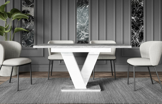 Zimmer: Esszimmer, Form: rechteckig, Material der Gestells: Holzwerkstoff, Anzahl der Beine: 1, Erweiterungselemente: 1, Dicke der Tischplatte: 3,2 cm, Oberflächenoptik: Betonoptik, Breite der Tischplatte: 120 cm, Farbe der Tischplatte: Grau, Art der Erweiterung: Einlegeplatte, Art des Gestells: V-Gestell, Ausgeklappter Tisch: 160 cm, Farbe: Betonoptik / Hochglanz Weiß, Farbe des Gestells: Weiß, Breite: 160 cm, Tiefe: 80 cm, Höhe: 75 cm, Art des Erweiterungs: Einlegeplatte, Material des Gestells: Holzwerkstoff - 1