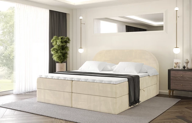 Stoffbeschreibung: Polsterstoff Monolith: Wasserabweisender und leicht zu reinigender Möbelstoff, scheuerfest (100.000 Martindale-Zyklen) lichtecht (5) und pillingarm (4-5), aus 100 % PES, Bezug: Samt, Farbe: Beige - Monolith 4, Zimmer: Schlafzimmer, Länge: 207 cm, Breite: 200 cm, Höhe: 105 cm, Größe: 200x200 cm, Länge der Schlaffläche: 200 cm, Breite der Schlaffläche: 200 cm, Liegehöhe: 55 cm, Höhe der Matratze: 20 cm, Matratze: Bonellfederung, Farbe des Toppers: Weiß, Höhe des Toppers: 5 cm, Material des Toppers: Schaumstoff, Bettkasten: Ja, Anzahl der Bettkasten: 2, Höhe des Bettkastens: 30 cm, Höhe des Kopfteils: 105 cm, Material der Füße: Plastik, Höhe der Füße: 2 cm, Dicke des Kopfteils: 8 cm, Dicke des Fußteils: 7 cm, Gepolsterte Rückseite: Nein, Härtegrad der Matratze: H3 - 1