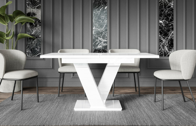 Zimmer: Esszimmer, Breite der Tischplatte: 120 cm, Ausgeklappter Tisch: 160 cm, Art des Gestells: V-Gestell, Form: rechteckig, Farbe der Tischplatte: Weiß, Art der Erweiterung: Einlegeplatte, Oberflächenoptik: Glänzend, Dicke der Tischplatte: 3,2 cm, Erweiterungselemente: 1, Anzahl der Beine: 1, Material der Gestells: Holzwerkstoff, Farbe: Hochglanz Weiß, Farbe des Gestells: Weiß, Breite: 160 cm, Tiefe: 80 cm, Höhe: 75 cm, Art des Erweiterungs: Einlegeplatte, Material des Gestells: Holzwerkstoff - 1