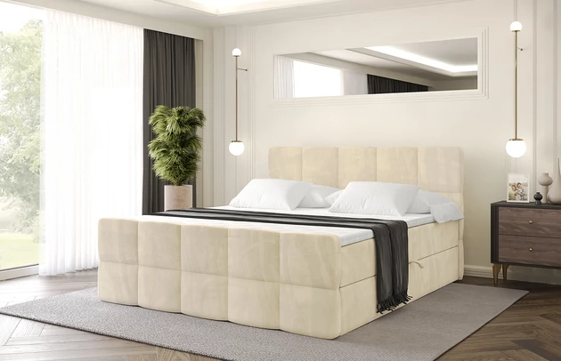 Stoffbeschreibung: Polsterstoff Monolith: Wasserabweisender und leicht zu reinigender Möbelstoff, scheuerfest (100.000 Martindale-Zyklen) lichtecht (5) und pillingarm (4-5), aus 100 % PES, Bezug: Samt, Farbe: Beige - Monolith 4, Zimmer: Schlafzimmer, Länge: 212 cm, Breite: 200 cm, Höhe: 105 cm, Größe: 200x200 cm, Länge der Schlaffläche: 200 cm, Breite der Schlaffläche: 200 cm, Liegehöhe: 55 cm, Höhe der Matratze: 20 cm, Matratze: Bonellfederung, Farbe des Toppers: Weiß, Höhe des Toppers: 5 cm, Material des Toppers: Schaumstoff, Bettkasten: Ja, Anzahl der Bettkasten: 2, Höhe des Bettkastens: 30 cm, Höhe des Kopfteils: 105 cm, Material der Füße: Plastik, Höhe der Füße: 2 cm, Dicke des Kopfteils: 8 cm, Dicke des Fußteils: 7 cm, Gepolsterte Rückseite: Nein, Härtegrad der Matratze: H3 - 1