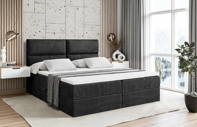 Stoffbeschreibung: Polsterstoff Casablanca: „Pet-friendly“, leicht zu reinigen (CleanBOO+), wasserabweisend mit Lotuseffekt, scheuerfest (45.000 Martindale- Zyklen), Gewicht 310g/m2 ±5 %, Bezug: Samt, Farbe: Schwarz - Casablanca 2316, Zimmer: Schlafzimmer, Länge: 207 cm, Breite: 140 cm, Höhe: 105 cm, Größe: 140x200 cm, Länge der Schlaffläche: 200 cm, Breite der Schlaffläche: 140 cm, Liegehöhe: 55 cm, Höhe der Matratze: 20 cm, Matratze: Bonellfederung, Farbe des Toppers: Weiß, Höhe des Toppers: 5 cm, Material des Toppers: Schaumstoff, Bettkasten: Ja, Anzahl der Bettkasten: 2, Höhe des Bettkastens: 30 cm, Höhe des Kopfteils: 105 cm, Material der Füße: Plastik, Höhe der Füße: 2 cm, Dicke des Kopfteils: 8 cm, Dicke des Fußteils: 7 cm, Gepolsterte Rückseite: Nein, Härtegrad der Matratze: H3 - 1