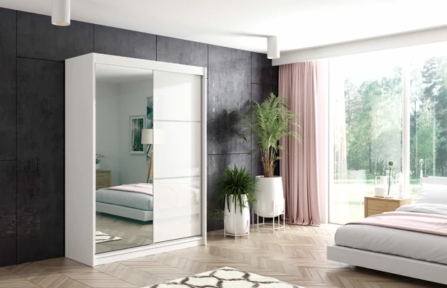 Farbe: Weiß, Abmeßung: 120 cm x 61 cm x 216 cm, Ausstattung: Mit Spiegel, Art des Leuchtmittels: Mit LED, Zimmer: Schlafzimmer, Anzahl der Türen: 2, Anzahl der Kleiderstangen: 1, Anzahl der Fächer: 7, Front-Typ: Lacobel, Art der Griffe: Griffleiste, Art der Türen: Schwebetüren, Breite: 120 cm, Tiefe: 61 cm, Höhe: 216 cm, Länge der Kleiderstange 1: 58 cm, Länge der Kleiderstange 2: Nicht zutreffend, Fachinnenmaß - Höhe: 34 cm, Fachinnenmaß 2 - Höhe: 41 cm, Fachinnenmaß - Breite: 63 cm, Fachinnenmaß 2 - Breite: 58 cm, Fachinnenmaß - Tiefe: 47 cm, Schubladeninnenmaß - Höhe: Nicht zutreffend, Schubladeninnenmaß - Tiefe: Nicht zutreffend, Material: Holzwerkstoff, Material der Rückwand: MDF - 1