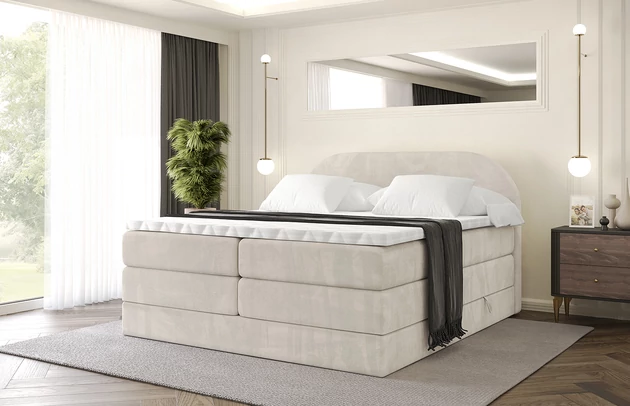 Stoffbeschreibung: Polsterstoff Casablanca: „Pet-friendly“, leicht zu reinigen (CleanBOO+), wasserabweisend mit Lotuseffekt, scheuerfest (45.000 Martindale- Zyklen), Gewicht 310g/m2 ±5 %, Bezug: Samt, Farbe: Beige - Casablanca 2301, Zimmer: Schlafzimmer, Länge: 207 cm, Breite: 120 cm, Höhe: 115 cm, Größe: 120x200 cm, Länge der Schlaffläche: 200 cm, Breite der Schlaffläche: 120 cm, Liegehöhe: 73 cm, Härtegrad der Matratze: H3 und H4, Höhe der Matratze: 38 cm, Matratze: Multipocketfederung und Bonellfederung, Farbe des Toppers: Weiß, Höhe des Toppers: 5 cm, Material des Toppers: Schaumstoff, Bettkasten: Ja, Anzahl der Bettkasten: 2, Höhe des Bettkastens: 30 cm, Höhe des Kopfteils: 115 cm, Material der Füße: Plastik, Höhe der Füße: 2 cm, Dicke des Kopfteils: 8 cm, Dicke des Fußteils: 7 cm, Gepolsterte Rückseite: Nein - 1