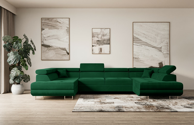 Bezug: Samt, Farbe: Grün - Kronos 19, Material: Holzwerkstoff, Stellvariante: U-Form, Stoffbeschreibung: KRONOS: Scheuerfester (50.000 Martindale-Zyklen), flauschiger Möbelstoff mit weicher Plüschoberfläche, lichtecht (5), reibecht (4-5), pillingarm (4). Gewicht 275 g/m2 ±5%., Materialzusammensetzung: 100% Polyseter, Pilling Resistenz: 5, Abriebfestigkeit: 5, Scheuerbeständigkeit: 50000 Martindale-Zyklen, Ausstattung: Kissen, Zimmer: Wohnzimmer, Stil: Modern, Tiefe: 202 cm, Breite: 342 cm, Höhe: 107 cm, Länge der Schlaffläche: 250 cm, Breite der Schlaffläche: 125 cm, Liegehöhe: 43 cm, Anzahl der Sitzflächen: 6, Sitzfüllung: Wellenfeder + HR35 und T30-Schaum, Art der Rückenkissen: Rückenlehne - feste, Annzahl der Sitzkissen: 4, Anzahl der Zierkissen: 2, Material der Füße: Chrom/Kunststoff, Höhe der Füße: 9 cm, Farbe der Füße: Silberfarben, Tiefe der Armlehnen: 98 cm, Breite der Armlehnen: 28 cm, Höhe der Armlehnen: 63 cm, Breite der Ottomane: 100 cm, Tiefe der Ottomane: 155 cm, Tiefe der Sitzfläche: 70 cm, Sitzhöhe: 43 cm, Art des Stauraumes: Innenfach geschlossen, Schlaffunktion: Mit Schlaffunktion - 1