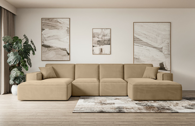 Bezug: Samt, Farbe: Beige - Kronos 35, Stellvariante: U-Form, Stoffbeschreibung: KRONOS: Scheuerfester (50.000 Martindale-Zyklen), flauschiger Möbelstoff mit weicher Plüschoberfläche, lichtecht (5), reibecht (4-5), pillingarm (4). Gewicht 275 g/m2 ±5%., Materialzusammensetzung: 100% Polyseter, Pilling Resistenz: 5, Abriebfestigkeit: 5, Scheuerbeständigkeit: 50000 Martindale-Zyklen, Ausstattung: Kissen, Zimmer: Wohnzimmer, Tiefe: 169 cm, Breite: 349 cm, Höhe: 80 cm, Schlaffunktion: Ohne Schlaffunktion, Länge der Schlaffläche: Nicht zutreffend, Breite der Schlaffläche: Nicht zutreffend, Liegehöhe: Nicht zutreffend, Anzahl der Sitzflächen: 6, Sitzfüllung: Wellenfeder + HR35 und T30-Schaum, Anzahl der Rückenkissen: 4, Art der Rückenkissen: Rückenlehne - feste, Annzahl der Sitzkissen: 4, Anzahl der Zierkissen: 2, Tiefe der Armlehnen: 94 cm, Breite der Armlehnen: 25 cm, Höhe der Armlehnen: 56 cm, Breite der Ottomane: 109 cm, Tiefe der Ottomane: 143 cm, Tiefe der Sitzfläche: 65 cm, Sitzhöhe: 41 cm, Art des Stauraumes: Nicht zutreffend - 1