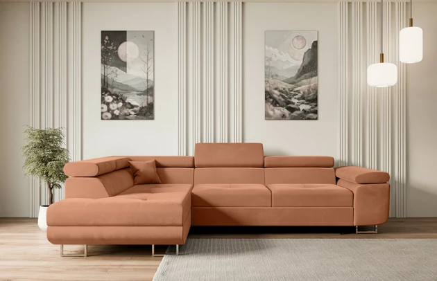 Bezug: Samt, Farbe: Apricot - Kronos 41, Material: Holzwerkstoff, Stellvariante: Ottomane Links, Materialzusammensetzung: 100% Polyseter, Pilling Resistenz: 5, Abriebfestigkeit: 5, Scheuerbeständigkeit: 50000 Martindale-Zyklen, Ausstattung: Kissen, Zimmer: Wohnzimmer, Stil: Modern, Tiefe: 202 cm, Breite: 272 cm, Höhe: 107 cm, Liegehöhe: 43 cm, Sitzfüllung: Wellenfeder + HR35 und T30-Schaum, Sitzhöhe: 43 cm, Stoffbeschreibung: KRONOS: Scheuerfester (50.000 Martindale-Zyklen), flauschiger Möbelstoff mit weicher Plüschoberfläche, lichtecht (5), reibecht (4-5), pillingarm (4). Gewicht 275 g/m2 ±5%., Annzahl der Sitzkissen: 3, Anzahl der Sitzflächen: 4, Anzahl der Zierkissen: 1, Art der Rückenkissen: Rückenlehne - feste, Art des Stauraumes: Innenfach geschlossen, Breite der Armlehnen: 28 cm, Breite der Ottomane: 100 cm, Breite der Schlaffläche: 125 cm, Farbe der Füße: Silberfarben, Höhe der Armlehnen: 63 cm, Höhe der Füße: 9 cm, Material der Füße: Chrom/Kunststoff, Länge der Schlaffläche: 195 cm, Tiefe der Armlehnen: 98 cm, Tiefe der Sitzfläche: 70 cm, Tiefe der Ottomane: 155 cm - 1