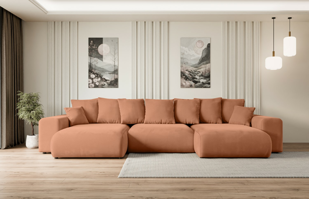 Bezug: Samt, Farbe: Apricot - Kronos 41, Material: Holzwerkstoff, Stellvariante: U-Form, Stoffbeschreibung: KRONOS: Scheuerfester (50.000 Martindale-Zyklen), flauschiger Möbelstoff mit weicher Plüschoberfläche, lichtecht (5), reibecht (4-5), pillingarm (4). Gewicht 275 g/m2 ±5%., Materialzusammensetzung: 100% Polyseter, Pilling Resistenz: 5, Abriebfestigkeit: 5, Scheuerbeständigkeit: 50000 Martindale-Zyklen, Ausstattung: Kissen, Zimmer: Wohnzimmer, Tiefe: 176 cm, Breite: 364 cm, Höhe: 72 cm, Länge der Schlaffläche: 295 cm, Breite der Schlaffläche: 150 cm, Liegehöhe: 45 cm, Anzahl der Sitzflächen: 6, Sitzfüllung: Wellenfeder + HR35 und T30-Schaum, Anzahl der Rückenkissen: 7, Art der Rückenkissen: Rückenkissen, Annzahl der Sitzkissen: 3, Anzahl der Zierkissen: 2, Material der Füße: Kunststoff, Höhe der Füße: 4,5 cm, Farbe der Füße: Schwarz, Tiefe der Armlehnen: 126 cm, Breite der Armlehnen: 32 cm, Höhe der Armlehnen: 57 cm, Breite der Ottomane: 100 cm, Tiefe der Ottomane: 160 cm, Tiefe der Sitzfläche: 116 cm, Sitzhöhe: 45 cm, Art des Stauraumes: Innenfach geschlossen, Schlaffunktion: Mit Schlaffunktion - 1