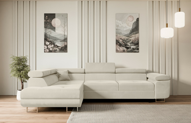 Bezug: Samt, Farbe: Beige - Paros 01, Material: Holzwerkstoff, Stellvariante: Ottomane Links, Stoffbeschreibung: PAROS ist ein sehr weicher Möbelstoff mit einer angenehmen Haptik. (50.000 Martindale-Zyklen) 100 % PES, pillingarm(4-5), reibecht(4-5), lichtecht(6|7), Gewicht 260 g/m² ±5 %, Materialzusammensetzung: 100% Polyseter, Pilling Resistenz: 5, Abriebfestigkeit: 5, Scheuerbeständigkeit: 50000 Martindale-Zyklen, Ausstattung: Kissen, Zimmer: Wohnzimmer, Stil: Modern, Tiefe: 202 cm, Breite: 272 cm, Höhe: 107 cm, Länge der Schlaffläche: 195 cm, Breite der Schlaffläche: 125-cm, Liegehöhe: 43 cm, Anzahl der Sitzflächen: 4, Sitzfüllung: Wellenfeder + HR35 und T30-Schaum, Art der Rückenkissen: Rückenlehne - feste, Annzahl der Sitzkissen: 3, Anzahl der Zierkissen: 1, Material der Füße: Chrom/Kunststoff, Höhe der Füße: 9 cm, Farbe der Füße: Silberfarben, Tiefe der Armlehnen: 98 cm, Breite der Armlehnen: 28 cm, Höhe der Armlehnen: 63 cm, Breite der Ottomane: 100 cm, Tiefe der Ottomane: 155 cm, Tiefe der Sitzfläche: 70 cm, Sitzhöhe: 43 cm, Art des Stauraumes: Innenfach geschlossen - 1