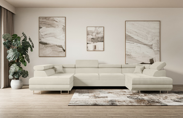 Bezug: Samt, Farbe: Beige - Paros 01, Material: Holzwerkstoff, Stellvariante: U-Form, Stoffbeschreibung: PAROS ist ein sehr weicher Möbelstoff mit einer angenehmen Haptik. (50.000 Martindale-Zyklen) 100 % PES, pillingarm(4-5), reibecht(4-5), lichtecht(6|7), Gewicht 260 g/m² ±5 %, Materialzusammensetzung: 100% Polyseter, Pilling Resistenz: 5, Abriebfestigkeit: 5, Scheuerbeständigkeit: 50000 Martindale-Zyklen, Ausstattung: Kissen, Zimmer: Wohnzimmer, Stil: Modern, Tiefe: 202 cm, Breite: 342 cm, Höhe: 107 cm, Länge der Schlaffläche: 250 cm, Breite der Schlaffläche: 125 cm, Liegehöhe: 43 cm, Anzahl der Sitzflächen: 6, Sitzfüllung: Wellenfeder + HR35 und T30-Schaum, Art der Rückenkissen: Rückenlehne - feste, Annzahl der Sitzkissen: 4, Anzahl der Zierkissen: 2, Material der Füße: Chrom/Kunststoff, Höhe der Füße: 9 cm, Farbe der Füße: Silberfarben, Tiefe der Armlehnen: 98 cm, Breite der Armlehnen: 28 cm, Höhe der Armlehnen: 63 cm, Breite der Ottomane: 100 cm, Tiefe der Ottomane: 155 cm, Tiefe der Sitzfläche: 70 cm, Sitzhöhe: 43 cm, Art des Stauraumes: Innenfach geschlossen, Schlaffunktion: Mit Schlaffunktion - 1