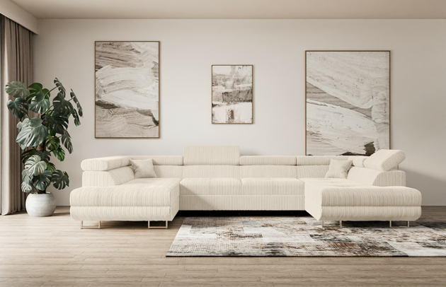 Bezug: Cord, Farbe: Beige - Poso 105, Material: Holzwerkstoff, Stellvariante: U-Form, Stoffbeschreibung: POSO ist ein angenehm anzufühlender Velours mit Kordstruktur (35000 MartindaleZyklen) und leicht zu reinigender Möbellstoff, lichtecht (5) und pillingarm (5), Gewicht 380 g/m2 ±5%, Materialzusammensetzung: 90% Polyseter, 10% Nylon, Pilling Resistenz: 5, Abriebfestigkeit: 5, Scheuerbeständigkeit: 30000 MartindaleZyklen, Ausstattung: Kissen, Zimmer: Wohnzimmer, Stil: Modern, Tiefe: 202 cm, Breite: 342 cm, Höhe: 107 cm, Länge der Schlaffläche: 250 cm, Breite der Schlaffläche: 125 cm, Liegehöhe: 43 cm, Anzahl der Sitzflächen: 6, Sitzfüllung: Wellenfeder + HR35 und T30-Schaum, Art der Rückenkissen: Rückenlehne - feste, Annzahl der Sitzkissen: 4, Anzahl der Zierkissen: 2, Material der Füße: Chrom/Kunststoff, Höhe der Füße: 9 cm, Farbe der Füße: Silberfarben, Tiefe der Armlehnen: 98 cm, Breite der Armlehnen: 28 cm, Höhe der Armlehnen: 63 cm, Breite der Ottomane: 100 cm, Tiefe der Ottomane: 155 cm, Tiefe der Sitzfläche: 70 cm, Sitzhöhe: 43 cm, Art des Stauraumes: Innenfach geschlossen, Schlaffunktion: Mit Schlaffunktion - 1