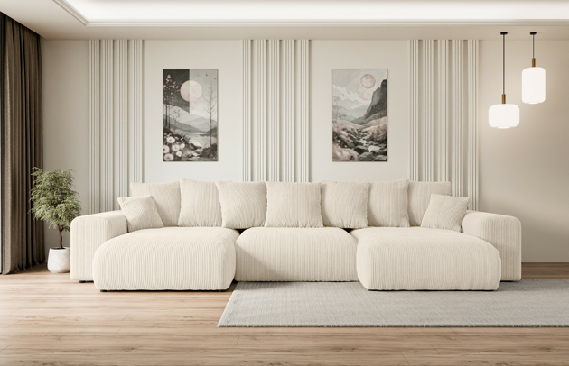 Bezug: Cord, Farbe: Beige - Poso 105, Material: Holzwerkstoff, Stellvariante: U-Form, Stoffbeschreibung: POSO ist ein angenehm anzufühlender Velours mit Kordstruktur (35000 MartindaleZyklen) und leicht zu reinigender Möbellstoff, lichtecht (5) und pillingarm (5), Gewicht 380 g/m2 ±5%, Materialzusammensetzung: 90% Polyseter, 10% Nylon, Pilling Resistenz: 5, Abriebfestigkeit: 5, Scheuerbeständigkeit: 30000 MartindaleZyklen, Ausstattung: Kissen, Zimmer: Wohnzimmer, Tiefe: 176 cm, Breite: 364 cm, Höhe: 72 cm, Länge der Schlaffläche: 295 cm, Breite der Schlaffläche: 150 cm, Liegehöhe: 45 cm, Anzahl der Sitzflächen: 6, Sitzfüllung: Wellenfeder + HR35 und T30-Schaum, Anzahl der Rückenkissen: 7, Art der Rückenkissen: Rückenkissen, Annzahl der Sitzkissen: 3, Anzahl der Zierkissen: 2, Material der Füße: Kunststoff, Höhe der Füße: 4,5 cm, Farbe der Füße: Schwarz, Tiefe der Armlehnen: 126 cm, Breite der Armlehnen: 32 cm, Höhe der Armlehnen: 57 cm, Breite der Ottomane: 100 cm, Tiefe der Ottomane: 160 cm, Tiefe der Sitzfläche: 116 cm, Sitzhöhe: 45 cm, Art des Stauraumes: Innenfach geschlossen, Schlaffunktion: Mit Schlaffunktion - 1