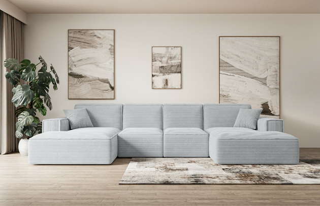 Bezug: Cord, Farbe: Grau - Poso 110, Stellvariante: U-Form, Stoffbeschreibung: POSO ist ein angenehm anzufühlender Velours mit Kordstruktur (35000 MartindaleZyklen) und leicht zu reinigender Möbellstoff, lichtecht (5) und pillingarm (5), Gewicht 380 g/m2 ±5%, Materialzusammensetzung: 90% Polyseter, 10% Nylon, Pilling Resistenz: 5, Abriebfestigkeit: 5, Scheuerbeständigkeit: 30000 Martindale-Zyklen, Ausstattung: Kissen, Zimmer: Wohnzimmer, Tiefe: 169 cm, Breite: 349 cm, Höhe: 80 cm, Schlaffunktion: Ohne Schlaffunktion, Länge der Schlaffläche: Nicht zutreffend, Breite der Schlaffläche: Nicht zutreffend, Liegehöhe: Nicht zutreffend, Anzahl der Sitzflächen: 6, Sitzfüllung: Wellenfeder + HR35 und T30-Schaum, Anzahl der Rückenkissen: 4, Art der Rückenkissen: Rückenlehne - feste, Annzahl der Sitzkissen: 4, Anzahl der Zierkissen: 2, Tiefe der Armlehnen: 94 cm, Breite der Armlehnen: 25 cm, Höhe der Armlehnen: 56 cm, Breite der Ottomane: 109 cm, Tiefe der Ottomane: 143 cm, Tiefe der Sitzfläche: 65 cm, Sitzhöhe: 41 cm, Art des Stauraumes: Nicht zutreffend - 1