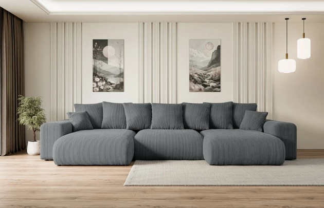 Bezug: Cord, Farbe: Dunkelgrau - Poso 115, Material: Holzwerkstoff, Stellvariante: U-Form, Stoffbeschreibung: POSO ist ein angenehm anzufühlender Velours mit Kordstruktur (35000 MartindaleZyklen) und leicht zu reinigender Möbellstoff, lichtecht (5) und pillingarm (5), Gewicht 380 g/m2 ±5%, Materialzusammensetzung: 90% Polyseter, 10% Nylon, Pilling Resistenz: 5, Abriebfestigkeit: 5, Scheuerbeständigkeit: 30000 MartindaleZyklen, Ausstattung: Kissen, Zimmer: Wohnzimmer, Tiefe: 176 cm, Breite: 364 cm, Höhe: 72 cm, Länge der Schlaffläche: 295 cm, Breite der Schlaffläche: 150-cm, Liegehöhe: 45 cm, Anzahl der Sitzflächen: 6, Sitzfüllung: Wellenfeder + HR35 und T30-Schaum, Anzahl der Rückenkissen: 7, Art der Rückenkissen: Rückenkissen, Annzahl der Sitzkissen: 3, Anzahl der Zierkissen: 2, Material der Füße: Kunststoff, Höhe der Füße: 4,5 cm, Farbe der Füße: Schwarz, Tiefe der Armlehnen: 126 cm, Breite der Armlehnen: 32 cm, Höhe der Armlehnen: 57 cm, Breite der Ottomane: 100 cm, Tiefe der Ottomane: 160 cm, Tiefe der Sitzfläche: 116 cm, Sitzhöhe: 45 cm, Art des Stauraumes: Innenfach geschlossen - 1