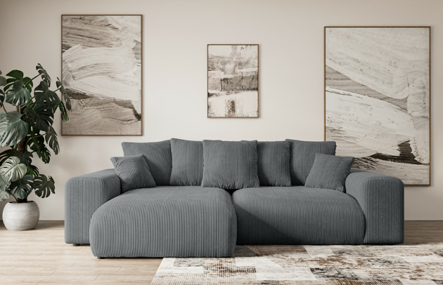 Bezug: Cord, Farbe: Dunkelgrau - Poso 115, Stellvariante: Ottomane Links, Stoffbeschreibung: POSO ist ein angenehm anzufühlender Velours mit Kordstruktur (35000 MartindaleZyklen) und leicht zu reinigender Möbellstoff, lichtecht (5) und pillingarm (5), Gewicht 380 g/m2 ±5%, Materialzusammensetzung: 90% Polyseter, 10% Nylon, Pilling Resistenz: 5, Abriebfestigkeit: 4, Scheuerbeständigkeit: 30000 Martindale-Zyklen, Ausstattung: Kissen, Zimmer: Wohnzimmer, Tiefe: 176 cm, Breite: 266 cm, Höhe: 72 cm, Länge der Schlaffläche: 196 cm, Breite der Schlaffläche: 150-cm, Liegehöhe: 45 cm, Anzahl der Sitzflächen: 4, Sitzfüllung: Wellenfeder, Anzahl der Rückenkissen: 5, Art der Rückenkissen: Rückenkissen, Annzahl der Sitzkissen: 2, Anzahl der Zierkissen: 2, Material der Füße: Kunststoff, Höhe der Füße: 5 cm, Farbe der Füße: Schwarz, Tiefe der Armlehnen: 126 cm, Breite der Armlehnen: 32 cm, Höhe der Armlehnen: 57 cm, Breite der Ottomane: 100 cm, Tiefe der Ottomane: 160 cm, Tiefe der Sitzfläche: 116 cm, Sitzhöhe: 45 cm, Art des Stauraumes: Innenfach geschlossen - 1