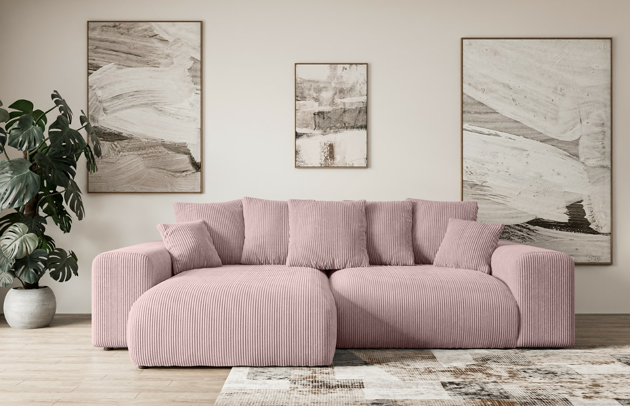 Bezug: Cord, Farbe: Rosa - Poso 145, Stellvariante: Ottomane Links, Stoffbeschreibung: POSO ist ein angenehm anzufühlender Velours mit Kordstruktur (35000 MartindaleZyklen) und leicht zu reinigender Möbellstoff, lichtecht (5) und pillingarm (5), Gewicht 380 g/m2 ±5%, Materialzusammensetzung: 90% Polyseter, 10% Nylon, Pilling Resistenz: 5, Abriebfestigkeit: 4, Scheuerbeständigkeit: 30000 Martindale-Zyklen, Ausstattung: Kissen, Zimmer: Wohnzimmer, Tiefe: 176 cm, Breite: 266 cm, Höhe: 72 cm, Länge der Schlaffläche: 196 cm, Breite der Schlaffläche: 150-cm, Liegehöhe: 45 cm, Anzahl der Sitzflächen: 4, Sitzfüllung: Wellenfeder, Anzahl der Rückenkissen: 5, Art der Rückenkissen: Rückenkissen, Annzahl der Sitzkissen: 2, Anzahl der Zierkissen: 2, Material der Füße: Kunststoff, Höhe der Füße: 5 cm, Farbe der Füße: Schwarz, Tiefe der Armlehnen: 126 cm, Breite der Armlehnen: 32 cm, Höhe der Armlehnen: 57 cm, Breite der Ottomane: 100 cm, Tiefe der Ottomane: 160 cm, Tiefe der Sitzfläche: 116 cm, Sitzhöhe: 45 cm, Art des Stauraumes: Innenfach geschlossen - 1