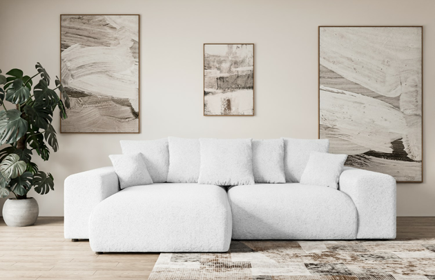 Bezug: Bouclé, Farbe: Weiß - Quelle 01, Stellvariante: Ottomane Links, Stoffbeschreibung: Polsterstoff Quelle: hochwertiger Bouclé Stoff, strapazierfähig, atmungsaktiv und pflegeleicht. (80.000 Martindale-Zyklen) 100 % PES, pillingarm(4-5), Gewicht 315 g/m² ±5 %, Materialzusammensetzung: 100% Polyseter, Pilling Resistenz: 5, Abriebfestigkeit: 4, Scheuerbeständigkeit: 80000 Martindale-Zyklen, Ausstattung: Kissen, Zimmer: Wohnzimmer, Tiefe: 176 cm, Breite: 266 cm, Höhe: 72 cm, Länge der Schlaffläche: 196 cm, Breite der Schlaffläche: 150-cm, Liegehöhe: 45 cm, Anzahl der Sitzflächen: 4, Sitzfüllung: Wellenfeder, Anzahl der Rückenkissen: 5, Art der Rückenkissen: Rückenkissen, Annzahl der Sitzkissen: 2, Anzahl der Zierkissen: 2, Material der Füße: Kunststoff, Höhe der Füße: 5 cm, Farbe der Füße: Schwarz, Tiefe der Armlehnen: 126 cm, Breite der Armlehnen: 32 cm, Höhe der Armlehnen: 57 cm, Breite der Ottomane: 100 cm, Tiefe der Ottomane: 160 cm, Tiefe der Sitzfläche: 116 cm, Sitzhöhe: 45 cm, Art des Stauraumes: Innenfach geschlossen - 1