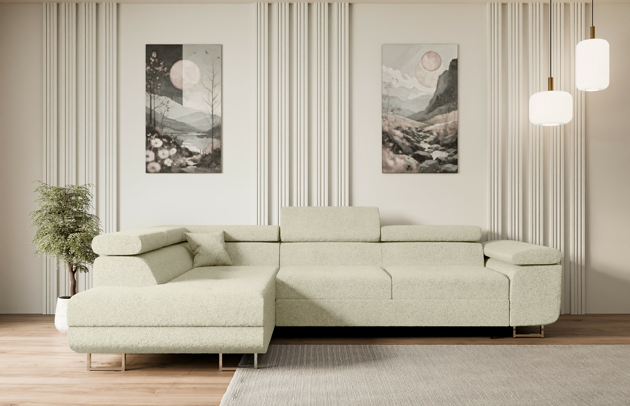 Bezug: Bouclé, Farbe: Beige - Quelle 02, Material: Holzwerkstoff, Stellvariante: Ottomane Links, Stoffbeschreibung: Polsterstoff Quelle: hochwertiger Bouclé Stoff, strapazierfähig, atmungsaktiv und pflegeleicht. (80.000 Martindale-Zyklen) 100 % PES, pillingarm(4-5), Gewicht 315 g/m² ±5 %, Materialzusammensetzung: 100% Polyseter, Pilling Resistenz: 5, Abriebfestigkeit: 5, Scheuerbeständigkeit: 80000 Martindale-Zyklen, Ausstattung: Kissen, Zimmer: Wohnzimmer, Stil: Modern, Tiefe: 202 cm, Breite: 272 cm, Höhe: 107 cm, Länge der Schlaffläche: 195 cm, Breite der Schlaffläche: 125-cm, Liegehöhe: 43 cm, Anzahl der Sitzflächen: 4, Sitzfüllung: Wellenfeder + HR35 und T30-Schaum, Art der Rückenkissen: Rückenlehne - feste, Annzahl der Sitzkissen: 3, Anzahl der Zierkissen: 1, Material der Füße: Chrom/Kunststoff, Höhe der Füße: 9 cm, Farbe der Füße: Silberfarben, Tiefe der Armlehnen: 98 cm, Breite der Armlehnen: 28 cm, Höhe der Armlehnen: 63 cm, Breite der Ottomane: 100 cm, Tiefe der Ottomane: 155 cm, Tiefe der Sitzfläche: 70 cm, Sitzhöhe: 43 cm, Art des Stauraumes: Innenfach geschlossen - 1