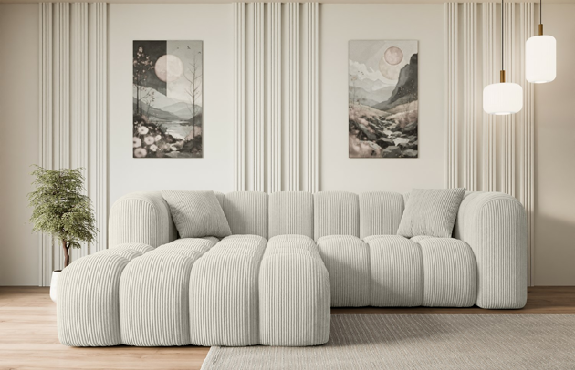 Bezug: Cord, Farbe: Cremeweiß - Poso 100, Stellvariante: Ottomane Links, Stoffbeschreibung: POSO ist ein angenehm anzufühlender Velours mit Kordstruktur (35000 MartindaleZyklen) und leicht zu reinigender Möbellstoff, lichtecht (5) und pillingarm (5), Gewicht 380 g/m2 ±5%, Materialzusammensetzung: 90% Polyseter, 10% Nylon, Pilling Resistenz: 5, Abriebfestigkeit: 5, Scheuerbeständigkeit: 30000 Martindale-Zyklen, Ausstattung: Kissen, Zimmer: Wohnzimmer, Tiefe: 173 cm, Breite: 231 cm, Höhe: 74 cm, Anzahl der Sitzflächen: 5, Sitzfüllung: Wellenfeder + HR35 und T30-Schaum, Anzahl der Rückenkissen: Nicht zutreffend, Art der Rückenkissen: Rückenlehne - feste, Annzahl der Sitzkissen: 2, Anzahl der Zierkissen: 2, Tiefe der Armlehnen: 88 cm, Breite der Armlehnen: 29 cm, Höhe der Armlehnen: 74 cm, Breite der Ottomane: 119 cm, Tiefe der Ottomane: 150 cm, Tiefe der Sitzfläche: 65 cm, Sitzhöhe: 44 cm - 1