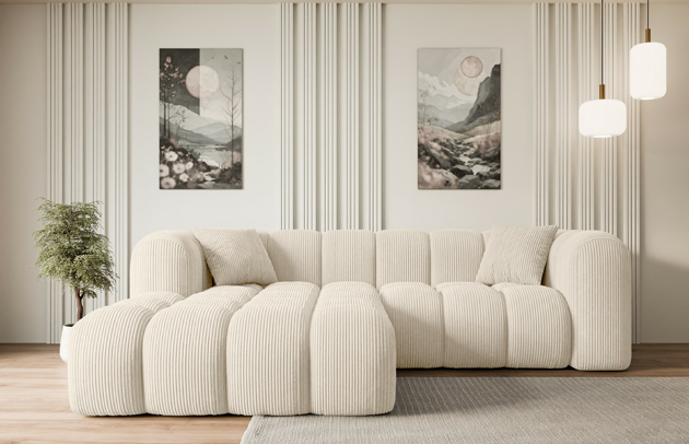 Bezug: Cord, Farbe: Beige - Poso 105, Stellvariante: Ottomane Links, Stoffbeschreibung: POSO ist ein angenehm anzufühlender Velours mit Kordstruktur (35000 MartindaleZyklen) und leicht zu reinigender Möbellstoff, lichtecht (5) und pillingarm (5), Gewicht 380 g/m2 ±5%, Materialzusammensetzung: 90% Polyseter, 10% Nylon, Pilling Resistenz: 5, Abriebfestigkeit: 5, Scheuerbeständigkeit: 30000 Martindale-Zyklen, Ausstattung: Kissen, Zimmer: Wohnzimmer, Tiefe: 173 cm, Breite: 231 cm, Höhe: 74 cm, Anzahl der Sitzflächen: 5, Sitzfüllung: Wellenfeder + HR35 und T30-Schaum, Anzahl der Rückenkissen: Nicht zutreffend, Art der Rückenkissen: Rückenlehne - feste, Annzahl der Sitzkissen: 2, Anzahl der Zierkissen: 2, Tiefe der Armlehnen: 88 cm, Breite der Armlehnen: 29 cm, Höhe der Armlehnen: 74 cm, Breite der Ottomane: 119 cm, Tiefe der Ottomane: 150 cm, Tiefe der Sitzfläche: 65 cm, Sitzhöhe: 44 cm - 1