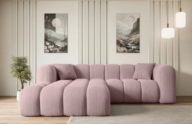 Bezug: Cord, Farbe: Rosa - Poso 145, Stellvariante: Ottomane Links, Stoffbeschreibung: POSO ist ein angenehm anzufühlender Velours mit Kordstruktur (35000 MartindaleZyklen) und leicht zu reinigender Möbellstoff, lichtecht (5) und pillingarm (5), Gewicht 380 g/m2 ±5%, Materialzusammensetzung: 90% Polyseter, 10% Nylon, Pilling Resistenz: 5, Abriebfestigkeit: 5, Scheuerbeständigkeit: 30000 Martindale-Zyklen, Ausstattung: Kissen, Zimmer: Wohnzimmer, Tiefe: 173 cm, Breite: 231 cm, Höhe: 74 cm, Anzahl der Sitzflächen: 5, Sitzfüllung: Wellenfeder + HR35 und T30-Schaum, Anzahl der Rückenkissen: Nicht zutreffend, Art der Rückenkissen: Rückenlehne - feste, Annzahl der Sitzkissen: 2, Anzahl der Zierkissen: 2, Tiefe der Armlehnen: 88 cm, Breite der Armlehnen: 29 cm, Höhe der Armlehnen: 74 cm, Breite der Ottomane: 119 cm, Tiefe der Ottomane: 150 cm, Tiefe der Sitzfläche: 65 cm, Sitzhöhe: 44 cm - 1