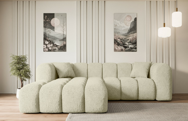 Bezug: Bouclé, Farbe: Beige - Quelle 02, Stellvariante: Ottomane Links, Stoffbeschreibung: polsterstoff-quelle-hochwertiger-boucle-stoff-strapazierfahig-atmungsaktiv-und-pflegeleicht-80-000-martindale-zyklen-100-pes-pillingarm4-5-gewicht-315-g-m2-±5, Materialzusammensetzung: 100% Polyseter, Pilling Resistenz: 5, Abriebfestigkeit: 5, Scheuerbeständigkeit: 80000 Martindale-Zyklen, Ausstattung: Kissen, Zimmer: Wohnzimmer, Tiefe: 173 cm, Breite: 231 cm, Höhe: 74 cm, Anzahl der Sitzflächen: 5, Sitzfüllung: Wellenfeder + HR35 und T30-Schaum, Anzahl der Rückenkissen: Nicht zutreffend, Art der Rückenkissen: Rückenlehne - feste, Annzahl der Sitzkissen: 2, Anzahl der Zierkissen: 2, Tiefe der Armlehnen: 88 cm, Breite der Armlehnen: 29 cm, Höhe der Armlehnen: 74 cm, Breite der Ottomane: 119 cm, Tiefe der Ottomane: 150 cm, Tiefe der Sitzfläche: 65 cm, Sitzhöhe: 44 cm - 1