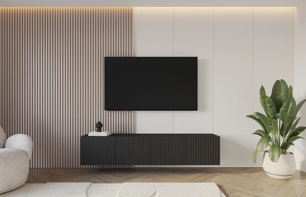 Material: Holzwerkstoff, Material der Rückwand: MDF, Ausführung: Hängend, Größe: 2 x 100 cm, Farbe: Schwarz, Zimmer: Wohnzimmer, Anzahl der Türen: 4, Front-Typ: Gefräste, Art der Griffe: Griffleiste, Art der Türen: Klapptür, Breite: 200 cm, Tiefe: 40 cm, Höhe: 40 cm, Geschlossene Fächer: 8, Anzahl der Teile: 2 - 1