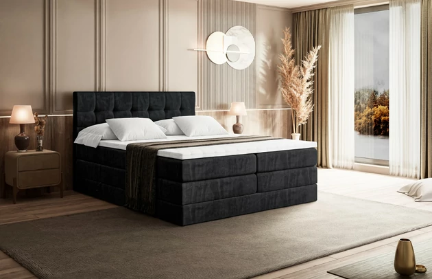 Material: Holz, Höhe: 110 cm, Stoffbeschreibung: Polsterstoff Casablanca: „Pet-friendly“, leicht zu reinigen (CleanBOO+), wasserabweisend mit Lotuseffekt, scheuerfest (45.000 Martindale- Zyklen), Gewicht 310g/m2 ±5 %, Höhe des Kopfteils: 110 cm, Bezug: Samt, Farbe: Schwarz - Casablanca 2316, Zimmer: Schlafzimmer, Länge: 212 cm, Breite: 140 cm, Größe: 140x200 cm, Länge der Schlaffläche: 200 cm, Breite der Schlaffläche: 140 cm, Liegehöhe: 55 cm, Härtegrad der Matratze: H3, Höhe der Matratze: 38 cm, Matratze: Multipocketfederung und Bonellfederung, Farbe des Toppers: Weiß, Höhe des Toppers: 5 cm, Material des Toppers: Schaumstoff, Bettkasten: Ja, Anzahl der Bettkasten: 2, Höhe des Bettkastens: 30 cm, Material der Füße: Plastik, Höhe der Füße: 2 cm, Dicke des Kopfteils: 8 cm, Dicke des Fußteils: 7 cm, Gepolsterte Rückseite: Nein - 1