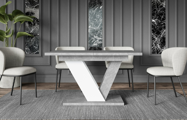 Zimmer: Esszimmer, Form: rechteckig, Material der Gestells: Holzwerkstoff, Anzahl der Beine: 1, Erweiterungselemente: 1, Dicke der Tischplatte: 3,2 cm, Oberflächenoptik: Betonoptik, Breite der Tischplatte: 120 cm, Farbe der Tischplatte: Grau, Art der Erweiterung: Einlegeplatte, Art des Gestells: V-Gestell, Ausgeklappter Tisch: 160 cm, Farbe: Betonoptik / Weiß, Farbe des Gestells: Weiß||Grau, Breite: 120 cm, Tiefe: 80 cm, Höhe: 75 cm, Art des Erweiterungs: Einlegeplatte, Material des Gestells: Holzwerkstoff - 1