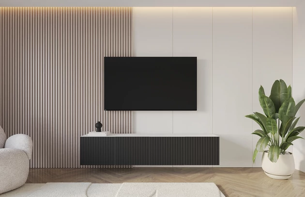 Material: Holzwerkstoff, Material der Rückwand: MDF, Ausführung: Hängend, Größe: 2 x 100 cm, Farbe: Weiß und Schwarz, Zimmer: Wohnzimmer, Anzahl der Türen: 4, Front-Typ: Gefräste, Art der Griffe: Griffleiste, Art der Türen: Klapptür, Breite: 200 cm, Tiefe: 40 cm, Höhe: 40 cm, Geschlossene Fächer: 8, Anzahl der Teile: 2 - 1