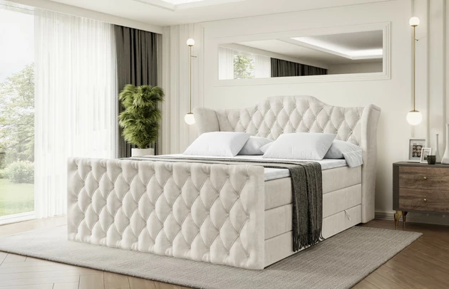 Stoffbeschreibung: Polsterstoff Casablanca: „Pet-friendly“, leicht zu reinigen (CleanBOO+), wasserabweisend mit Lotuseffekt, scheuerfest (45.000 Martindale- Zyklen), Gewicht 310g/m2 ±5 %, Bezug: Samt, Farbe: Beige - Casablanca 2301, Zimmer: Schlafzimmer, Länge: 215 cm, Breite: 120 cm, Höhe: 115 cm, Größe: 120x200 cm, Länge der Schlaffläche: 200 cm, Breite der Schlaffläche: 120 cm, Liegehöhe: 73 cm, Härtegrad der Matratze: H3 und H4, Höhe der Matratze: 38 cm, Matratze: Multipocketfederung und Bonellfederung, Farbe des Toppers: Weiß, Höhe des Toppers: 5 cm, Material des Toppers: Schaumstoff, Bettkasten: Ja, Anzahl der Bettkasten: 2, Höhe des Bettkastens: 30 cm, Höhe des Kopfteils: 115 cm, Material der Füße: Plastik, Höhe der Füße: 2 cm, Dicke des Kopfteils: 8 cm, Dicke des Fußteils: 7 cm, Gepolsterte Rückseite: Nein - 1