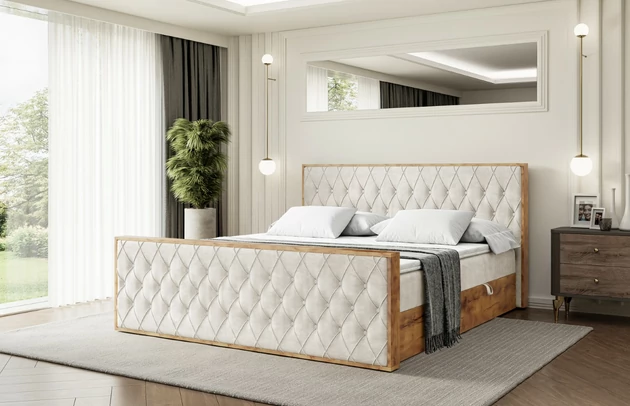 Bezug: Samt, Farbe: Beige - Casablanca 2301, Zimmer: Schlafzimmer, Länge: 217 cm, Breite: 131 cm, Höhe: 105 cm, Größe: 120x200 cm, Länge der Schlaffläche: 200 cm, Breite der Schlaffläche: 120-cm, Liegehöhe: 50 cm, Höhe der Matratze: 20 cm, Matratze: Bonellfederung, Farbe des Toppers: Weiß, Höhe des Toppers: 5 cm, Material des Toppers: Schaumstoff, Bettkasten: Ja, Anzahl der Bettkasten: 2, Höhe des Bettkastens: 25 cm, Höhe des Kopfteils: 105 cm, Material der Füße: Plastik, Höhe der Füße: 2 cm, Dicke des Kopfteils: 8 cm, Dicke des Fußteils: 7 cm, Gepolsterte Rückseite: Nein, Härtegrad der Matratze: H3, Stoffbeschreibung: Polsterstoff Casablanca: „Pet-friendly“, leicht zu reinigen (CleanBOO+), wasserabweisend mit Lotuseffekt, scheuerfest (45.000 Martindale- Zyklen), Gewicht 310g/m2 ±5 % - 1