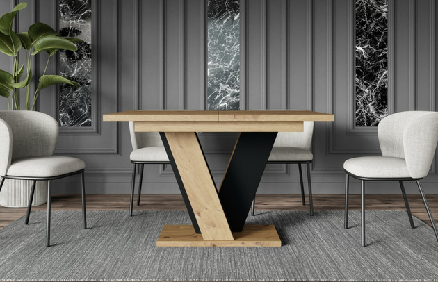 Zimmer: Esszimmer, Art der Erweiterung: Einlegeplatte, Material der Gestells: Holzwerkstoff, Anzahl der Beine: 1, Oberflächenoptik: Holzoptik, Dicke der Tischplatte: 3,4 cm, Form: rechteckig, Erweiterungselemente: 1, Farbe der Tischplatte: Braun, Breite der Tischplatte: 120 cm, Art des Gestells: V-Gestell, Ausgeklappter Tisch: 160 cm, Farbe: Artisan Eiche Optik / Schwarz, Farbe des Gestells: Braun||Schwarz, Breite: 160 cm, Tiefe: 90 cm, Höhe: 75 cm, Art des Erweiterungs: Einlegeplatte, Material des Gestells: Holzwerkstoff - 1